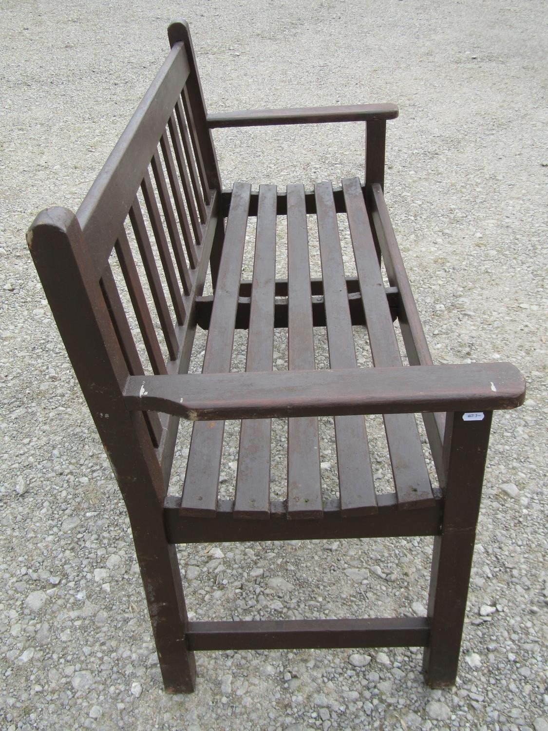 A Wrinch vintage stained teakwood two seat garden bench with slatted seat and back, 127 cm wide - Image 2 of 4