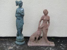 A small weathered cast composition stone garden ornament in the form of a maiden with hound set on a