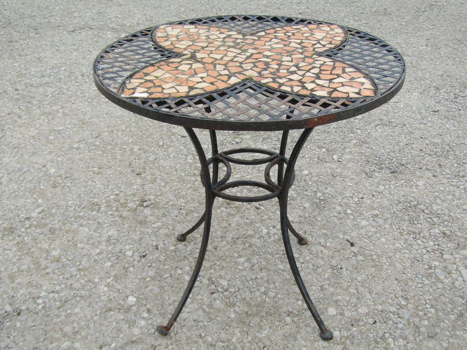 A heavy gauge three piece iron work Bistro table and two chairs with mosaic panels, lattice and - Image 4 of 5