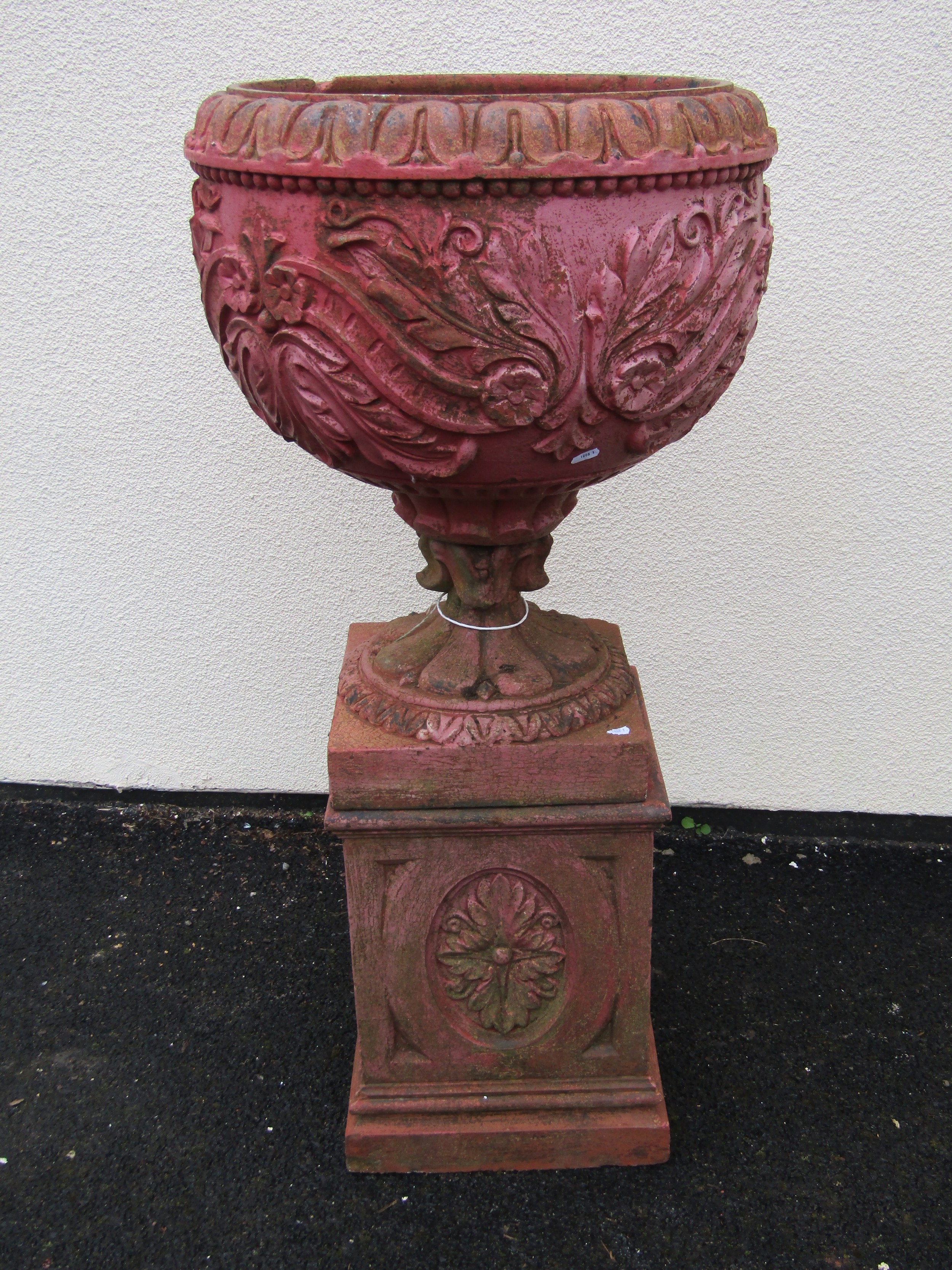 Accrington Brick Company Ltd painted and weathered terracotta garden urn, the circular bowl with