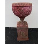 Accrington Brick Company Ltd painted and weathered terracotta garden urn, the circular bowl with