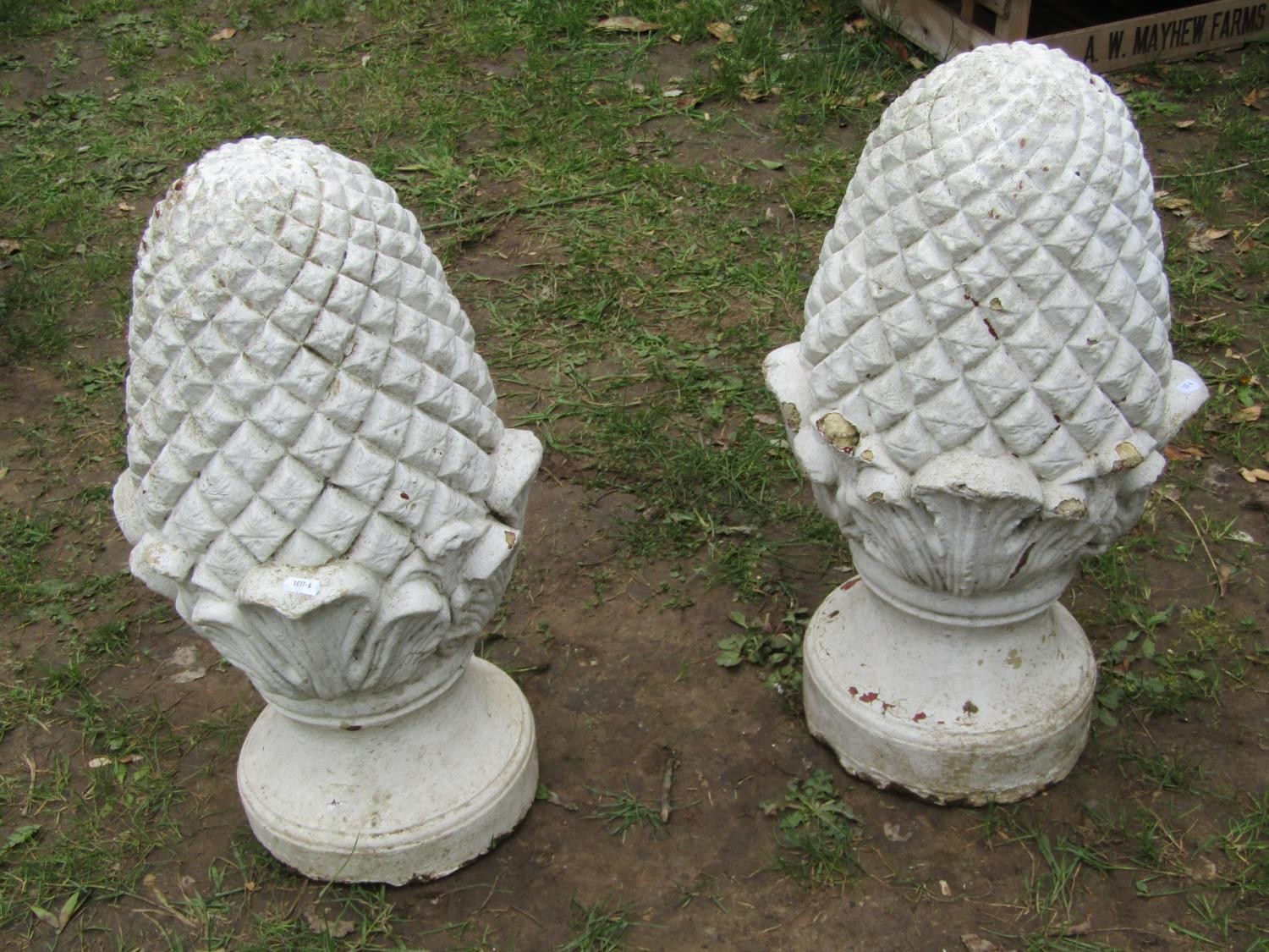 A pair of painted and weathered cast composition stone pier caps in the form of pineapples - Image 3 of 6