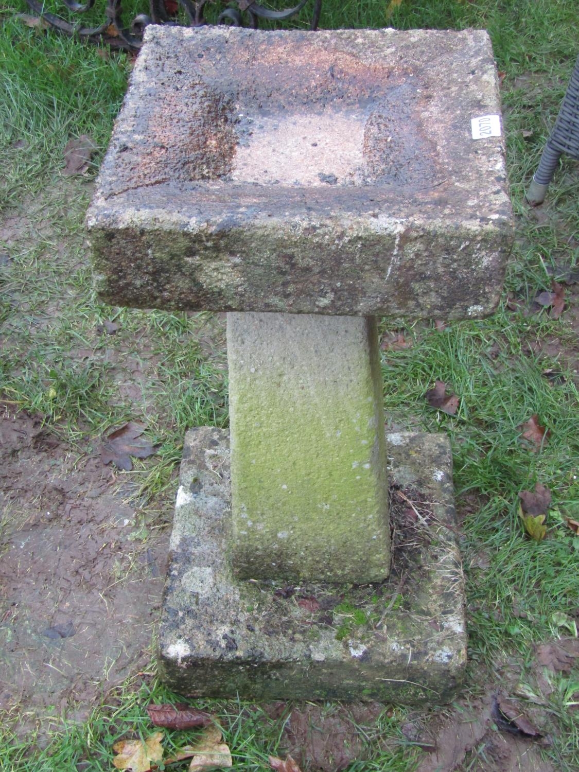 Weathered cast composition stone bird bath, the top 32cm square x 64cm high