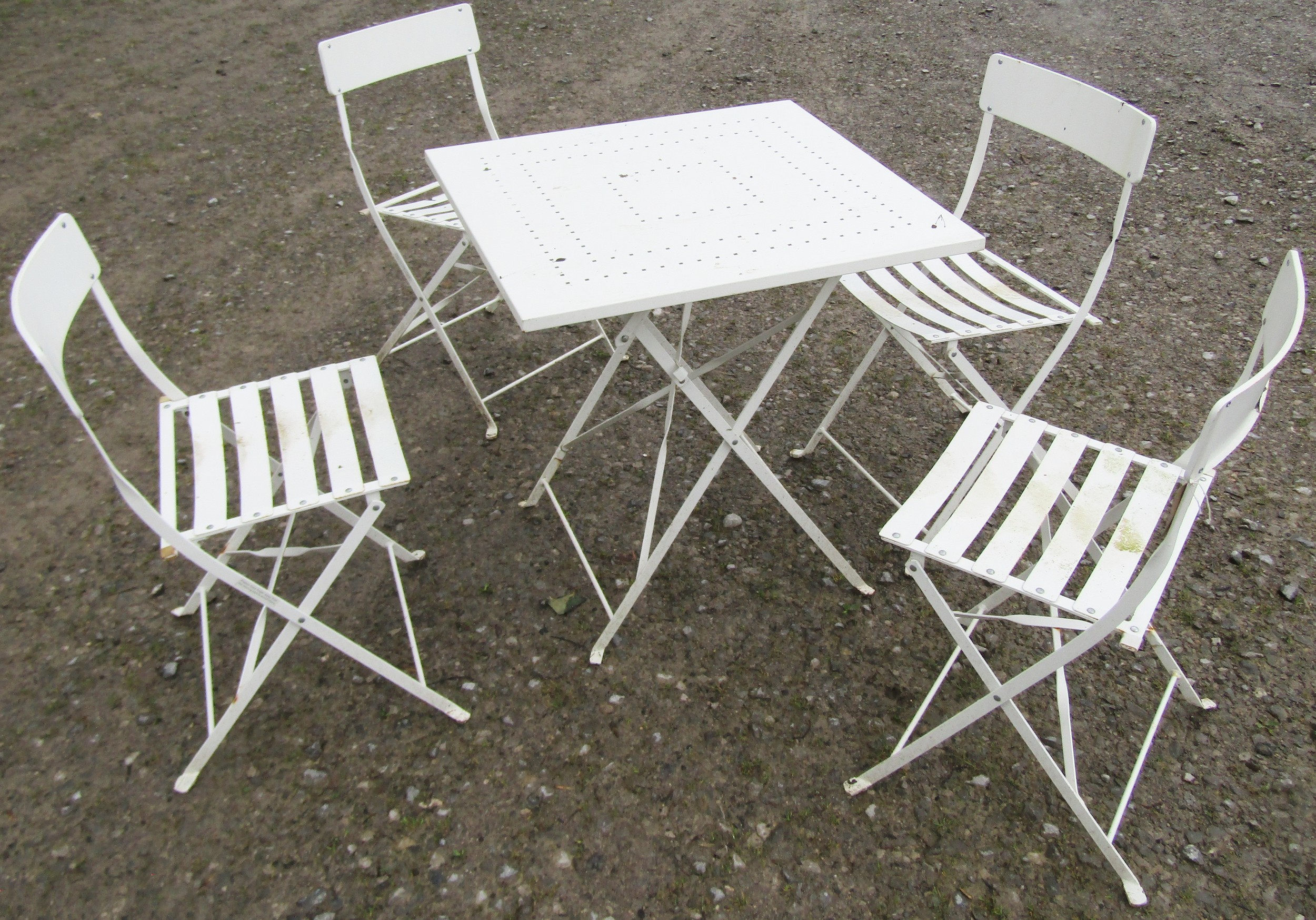 A contemporary cream painted light steel folding terrace table with pierced square top 70 cm