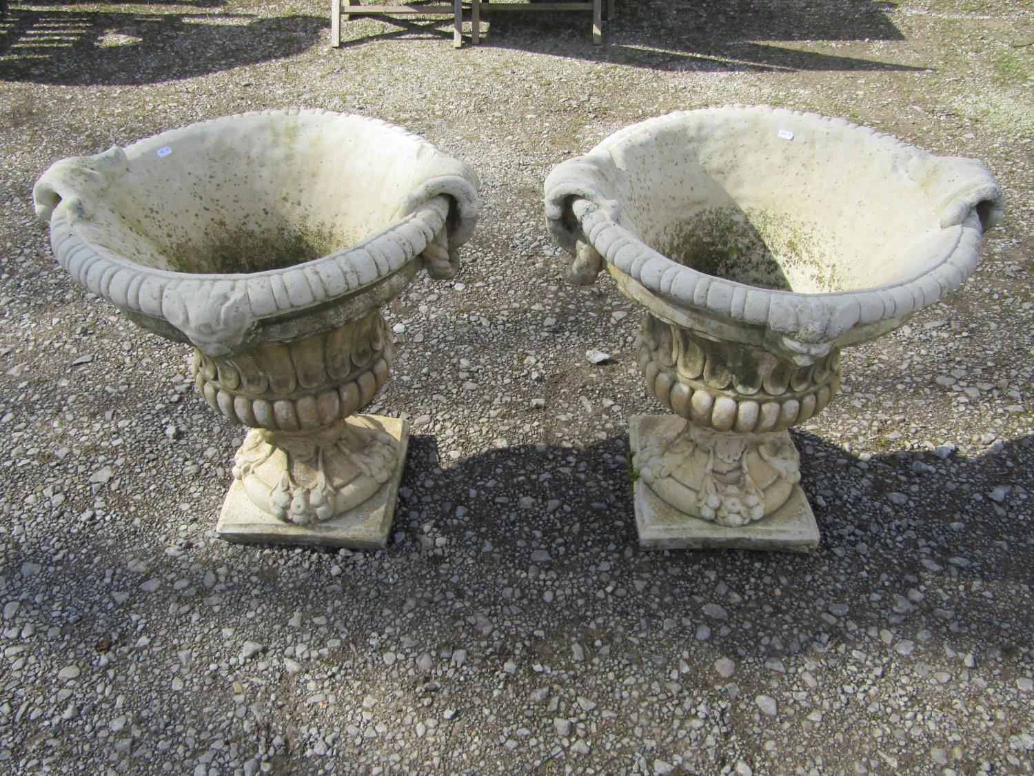 A pair of large weathered cast composition stone garden urns with lobed bodies, fixed ring - Image 4 of 7