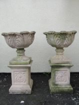 A pair of cast composition stone garden urns with circular acanthus leaf bowls raised on loose