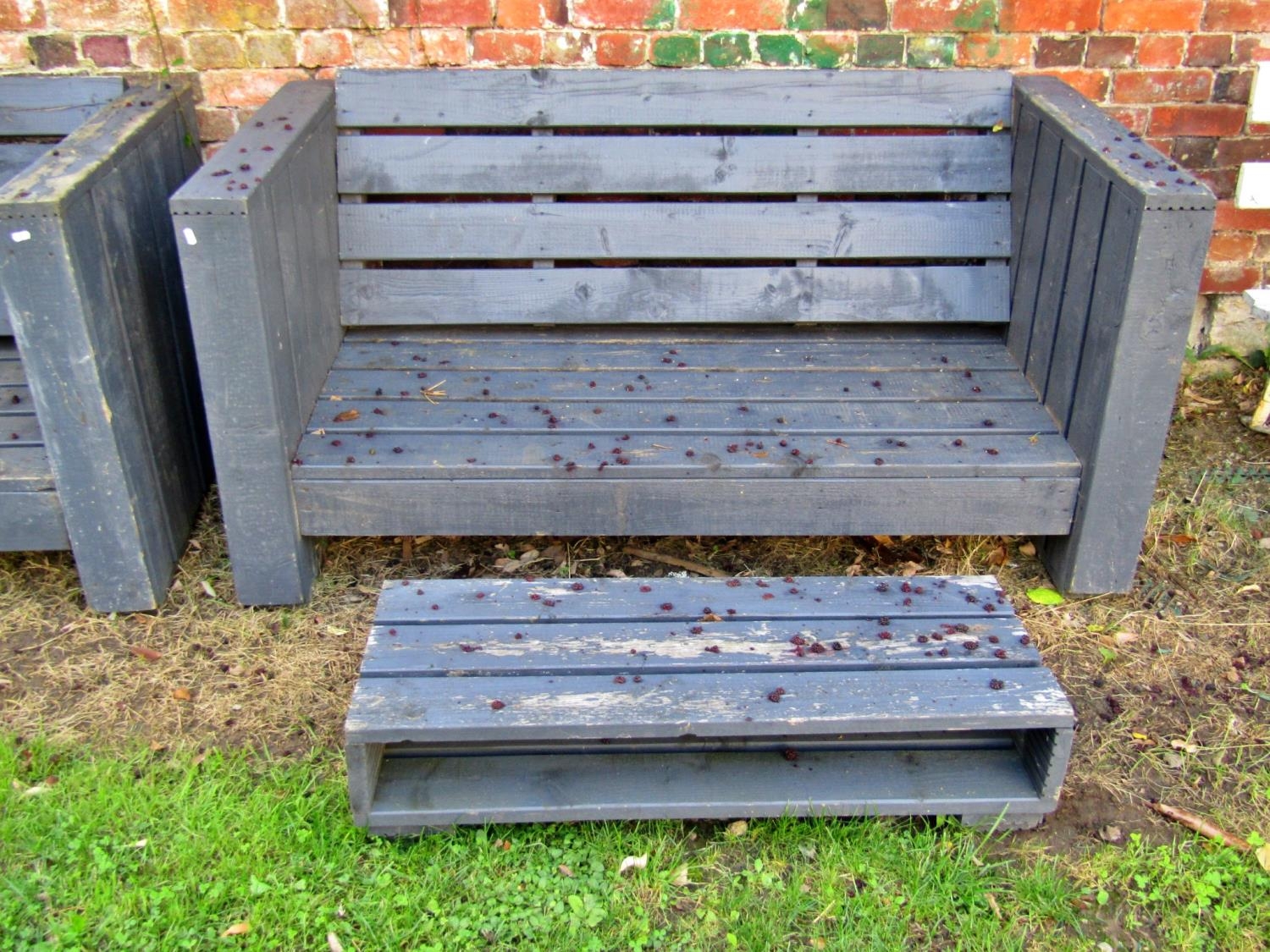 A painted and weathered three seat garden bench and matching low stool/table, bespoke made from - Image 3 of 3