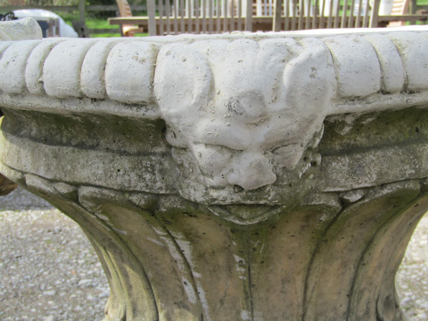 A pair of large weathered cast composition stone garden urns with lobed bodies, fixed ring - Image 5 of 7