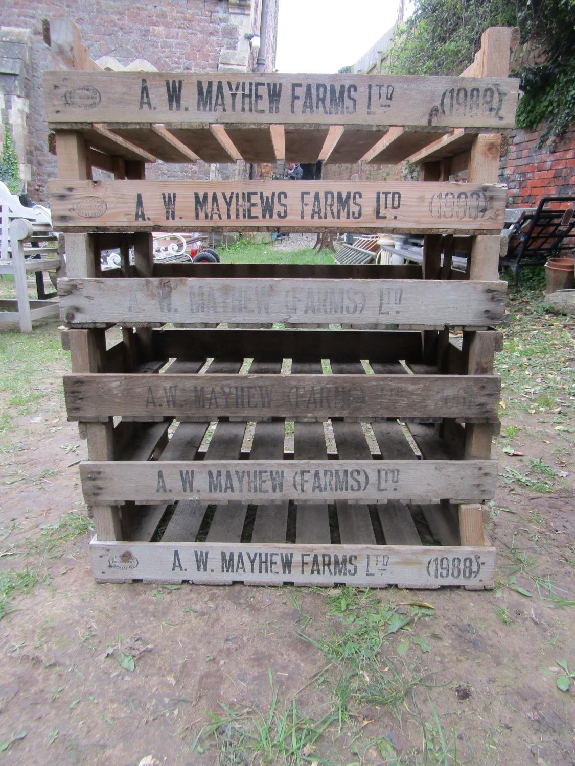 Six rustic wooden rectangular vegetable/fruit trays with slatted bases all with printed marks, 76 - Image 2 of 3