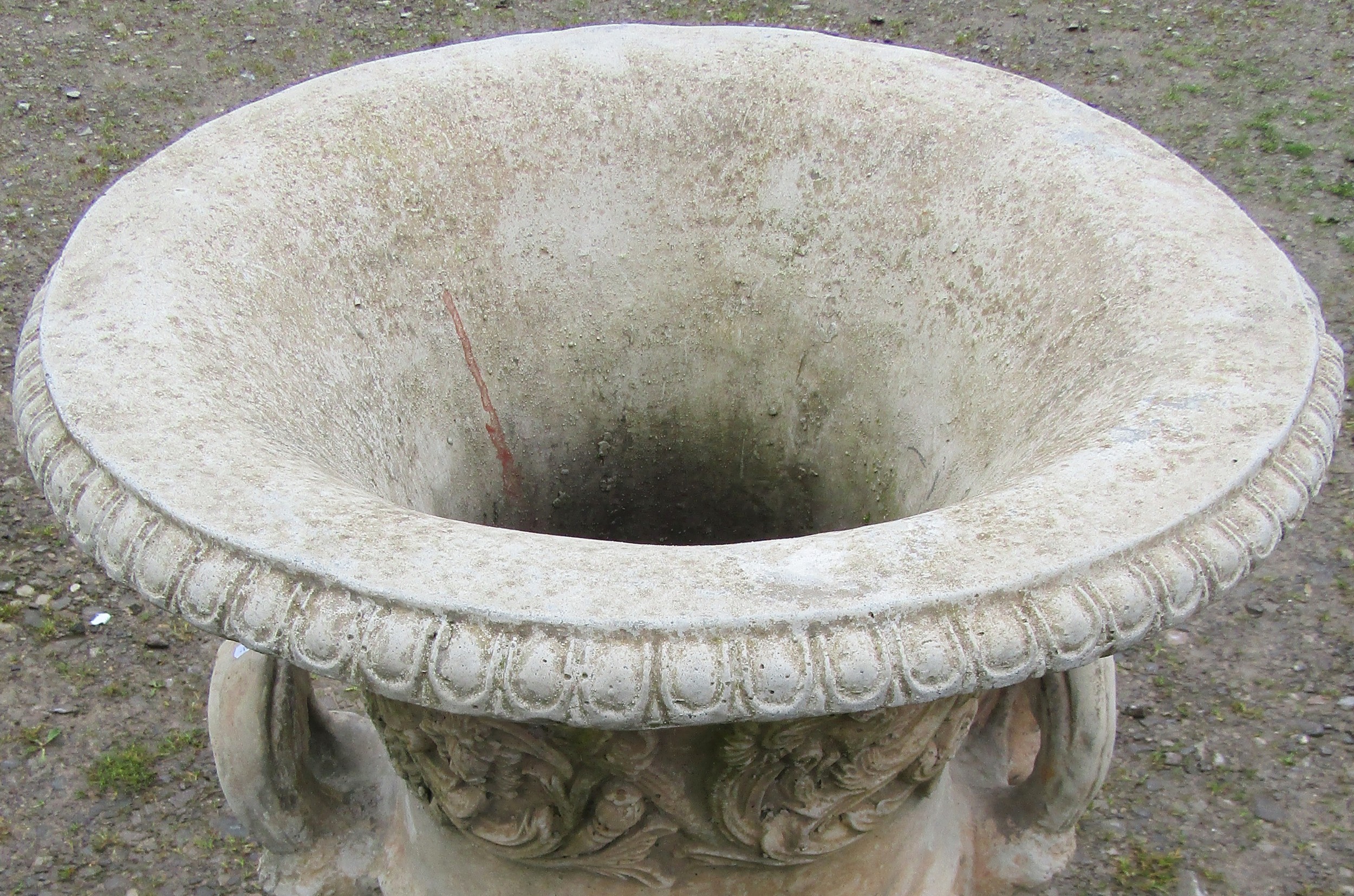 A large cast composition stone campana shaped garden urn with repeating scrolling foliate relief - Image 2 of 5