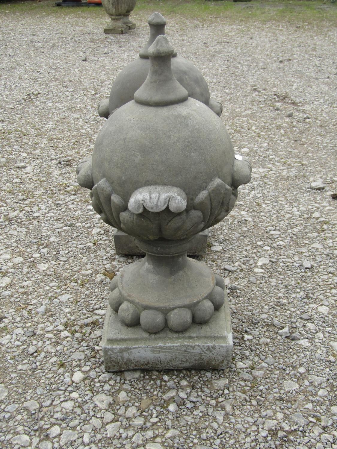 A pair of cast composition stone pointed sphere pier cap finials with acanthus detail 53 cm high - Image 2 of 5