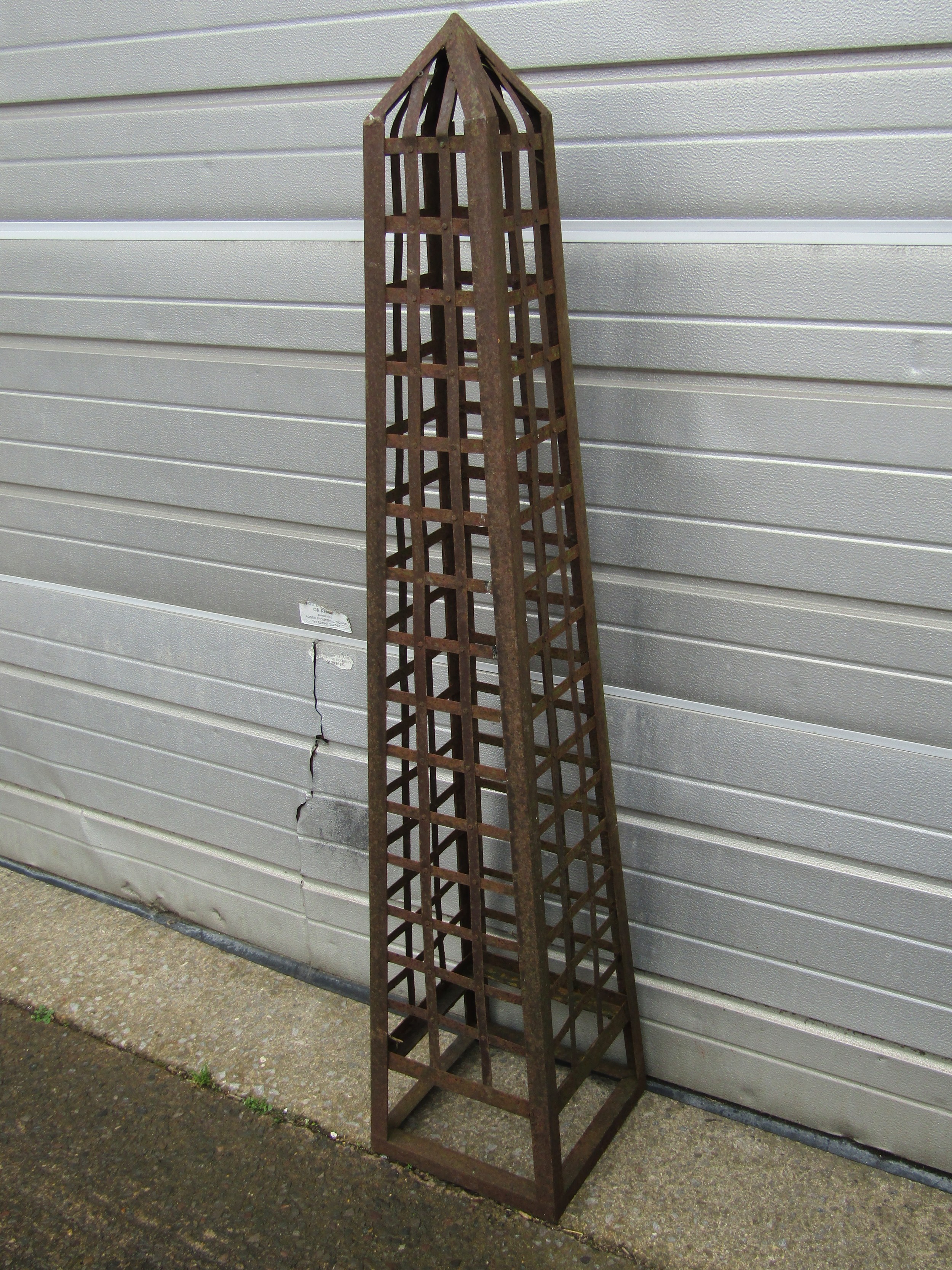 A weathered metal strapwork garden obelisk of square tapered form approx 150 cm high x 30 cm - Image 2 of 4