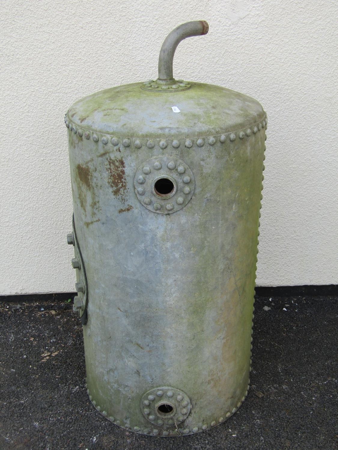 A vintage heavy gauge galvanised steel boiler of cylindrical form with pop riveted seams approx 50 - Image 4 of 4