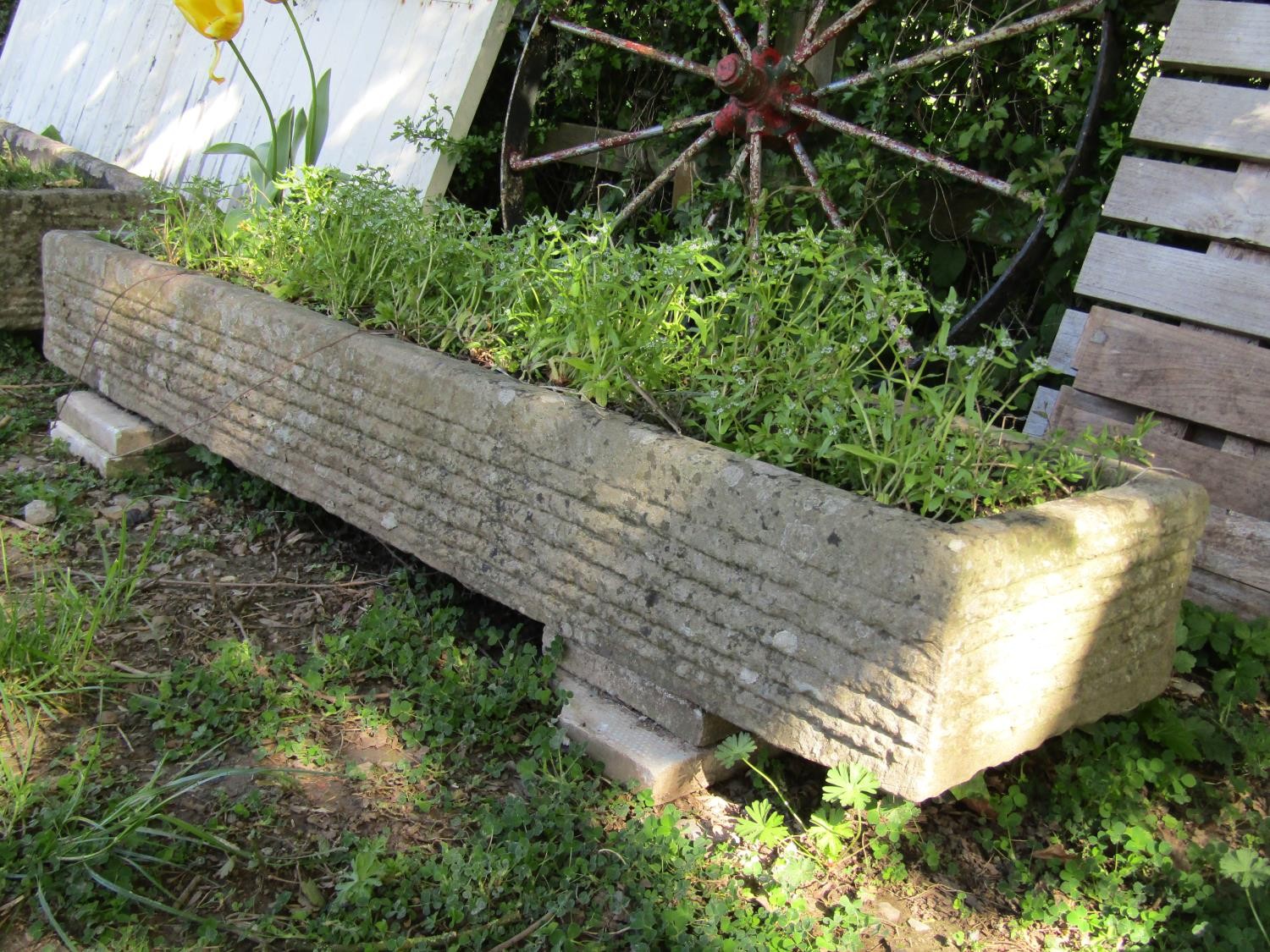 A long weathered carved natural stone trough of rectangular form, 20cm high, 162cm x 38cm - Image 2 of 3