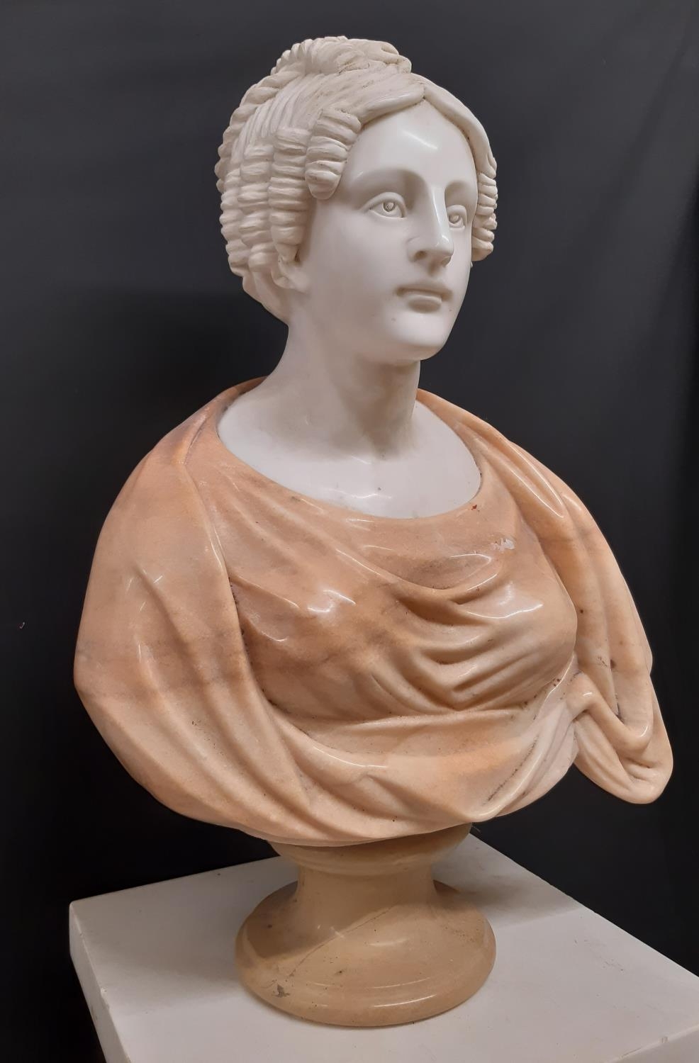 A carved marble bust of a Victorian maiden, her hair in ringlets, principally in Carrara marble, - Image 3 of 10