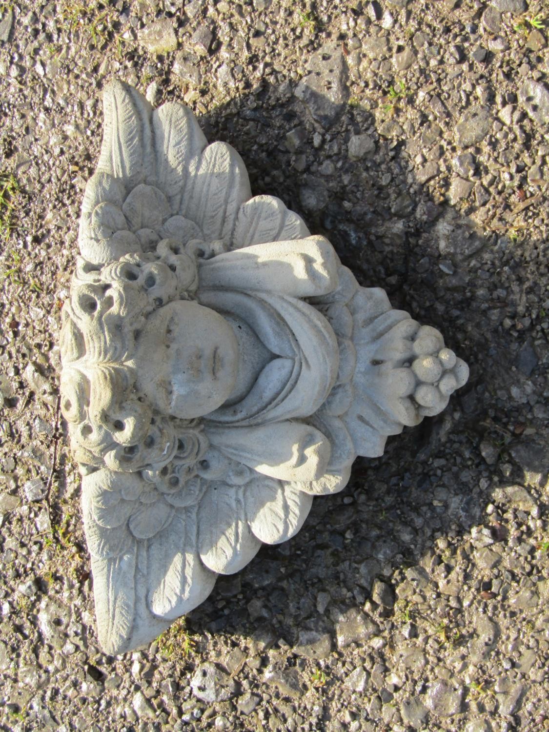 Three small contemporary cast composition stone winged cherub garden ornaments including wall - Image 3 of 6