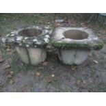 Pair of unusual weathered cast composition stone garden planters of tapered form, approx 50cm square