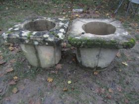 Pair of unusual weathered cast composition stone garden planters of tapered form, approx 50cm square