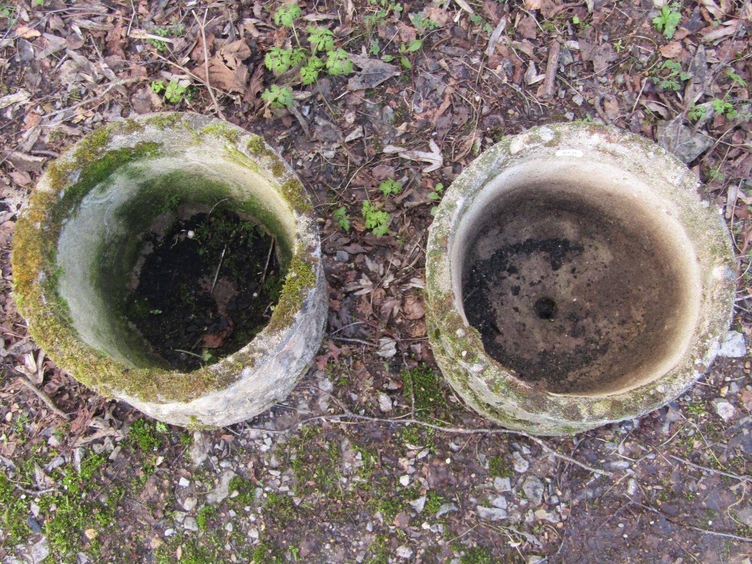 A pair of weathered cast composition stone squat cylindrical planters with repeating classical - Image 5 of 5