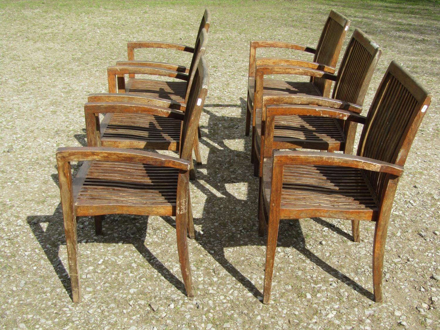 A set of six Nauteak good quality weathered stained teak garden open arm chairs with slender slatted - Image 2 of 4