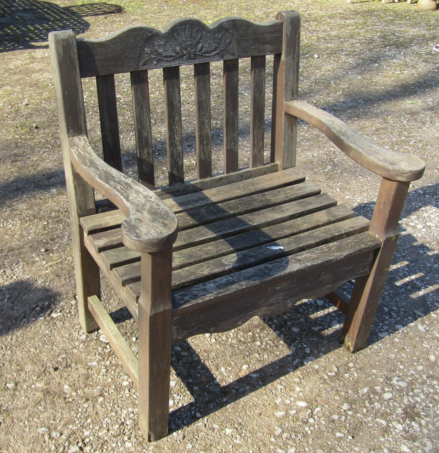A Bridgman & Co Ltd stained and weathered teak three seat garden bench 161 cm wide and a pair of - Image 2 of 11