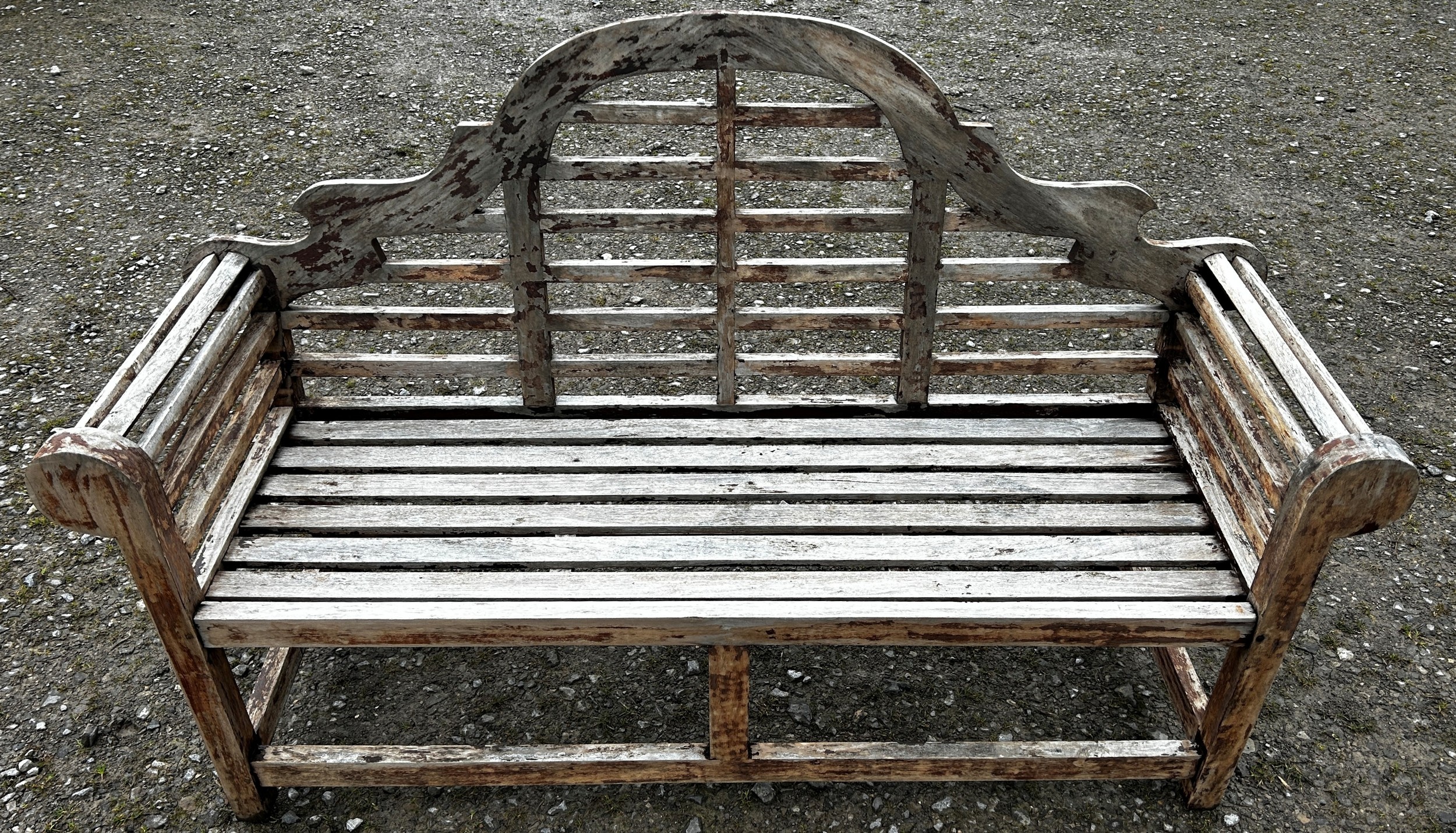 A weathered stained Lutyens style three seat garden bench 166 cm long - Image 2 of 4