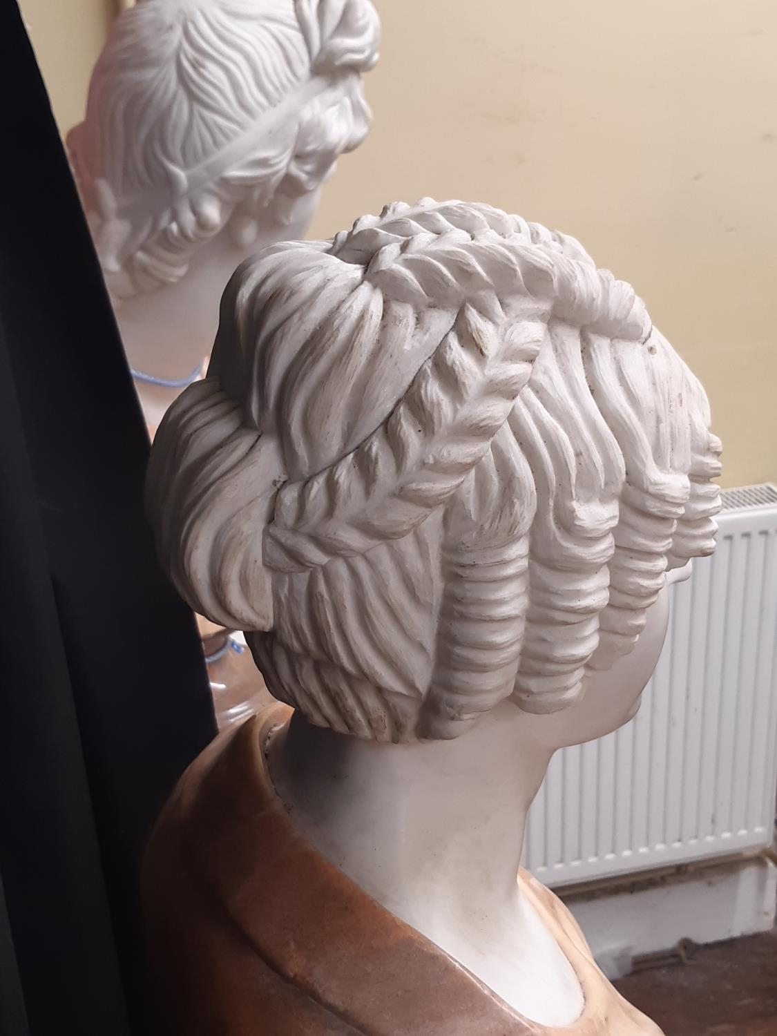 A carved marble bust of a Victorian maiden, her hair in ringlets, principally in Carrara marble, - Image 8 of 10
