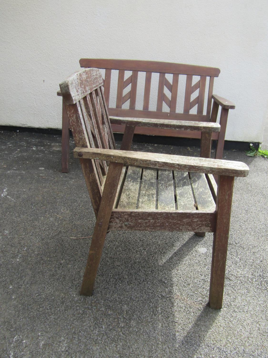 A swan Hattersley stained teak two seat garden bench with slated seat and back, 130cm wide, together - Image 3 of 4