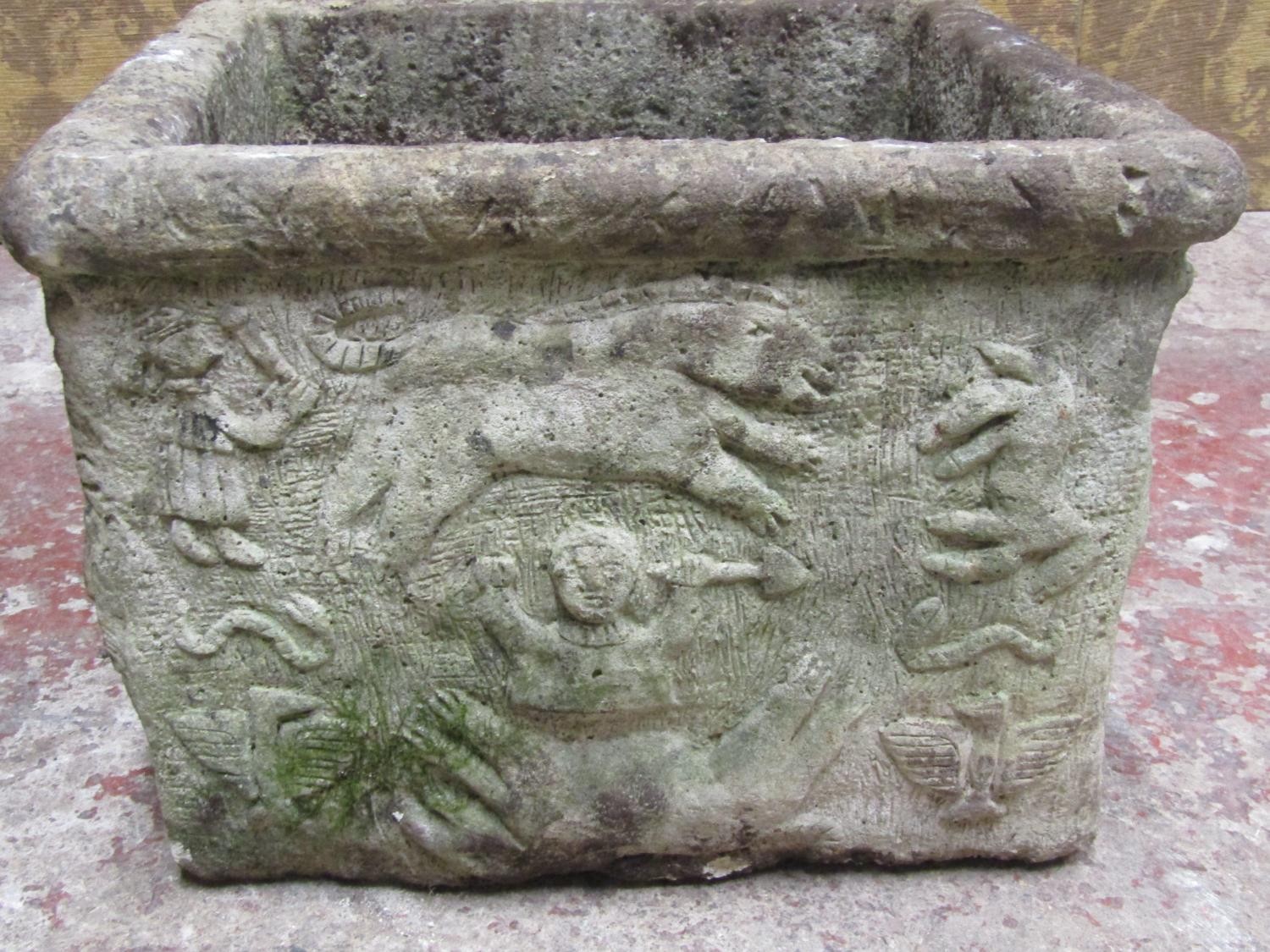 Two medieval style weathered cast composition stone garden planters with relief detail, one of - Image 4 of 10