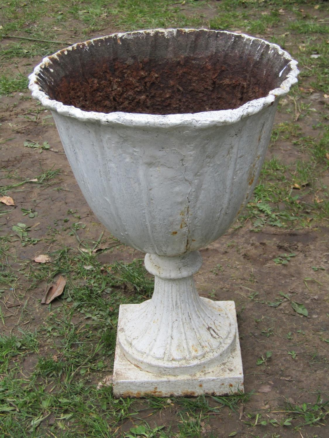 An old painted cast iron garden urn, the circular tapered bowl with crimped edge and fixed socle, - Image 3 of 3