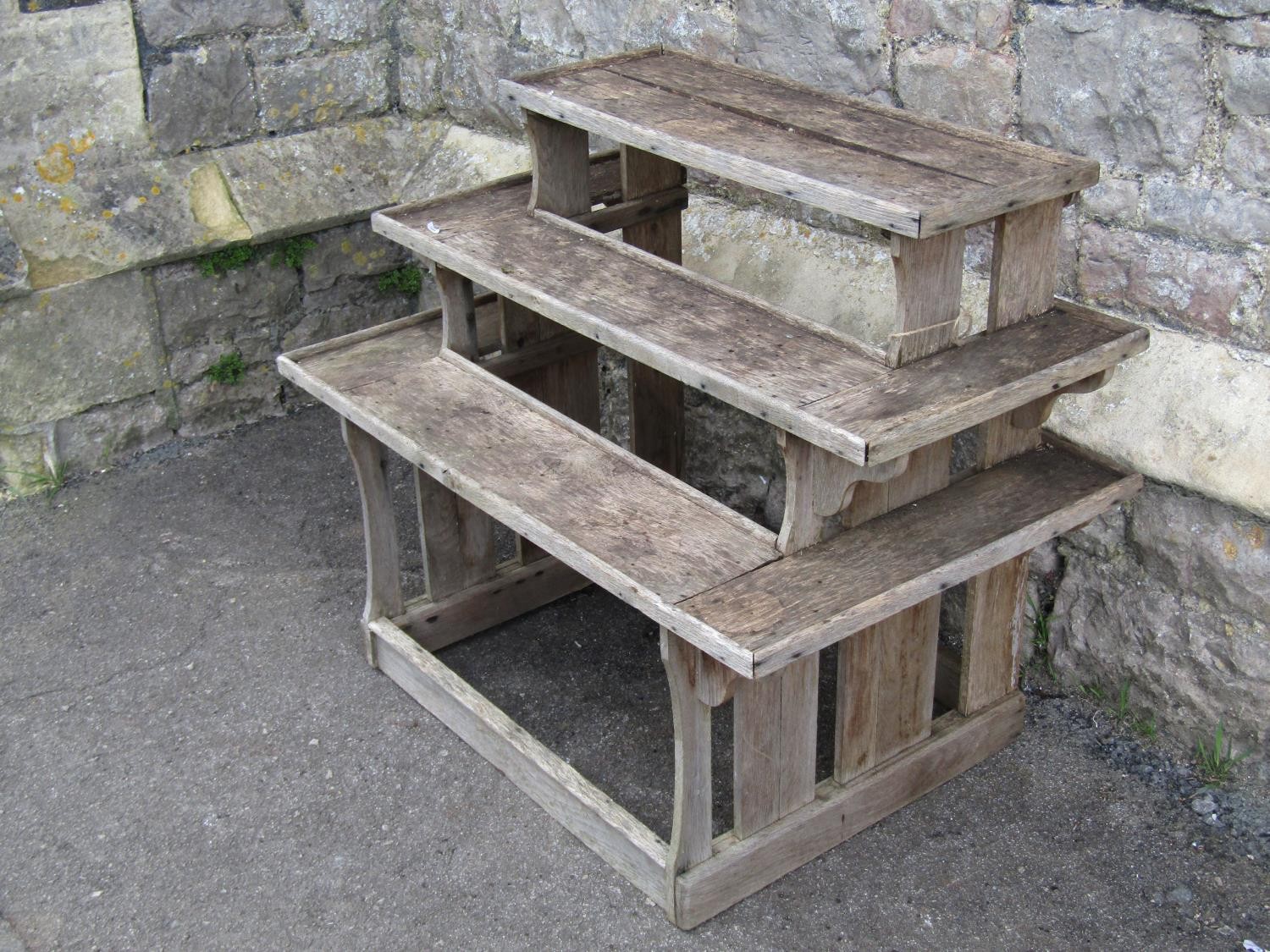 A small weathered oak plant stand on three stepped tiers with slatted framework 70 cm high x 86 cm - Image 2 of 4