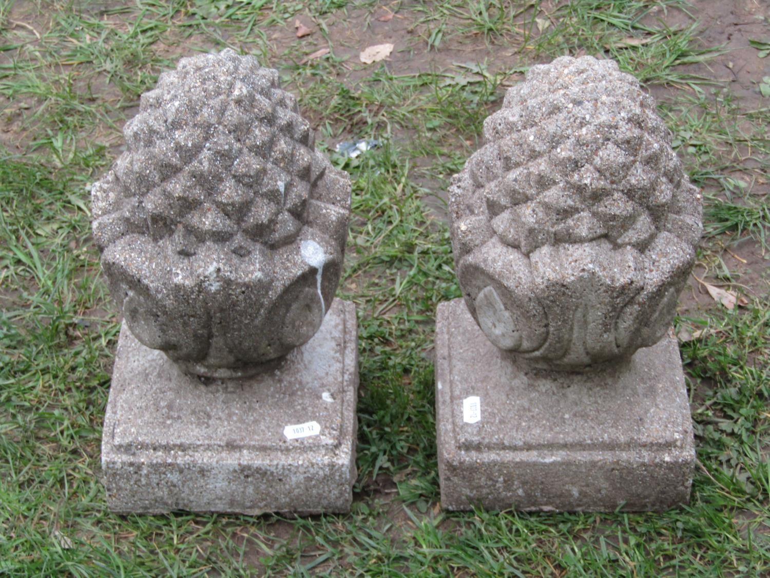 A pair of small weathered cast composition stone pier caps with pineapple finials, 32cm high x - Image 3 of 5