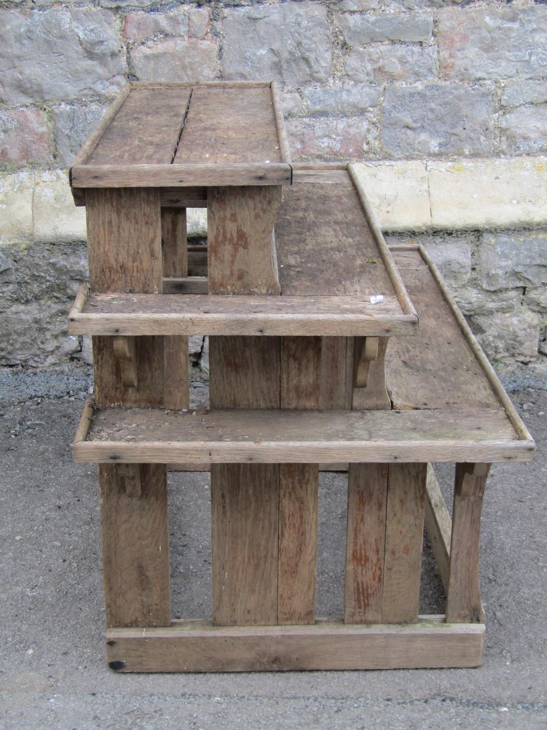 A small weathered oak plant stand on three stepped tiers with slatted framework 70 cm high x 86 cm - Image 3 of 4