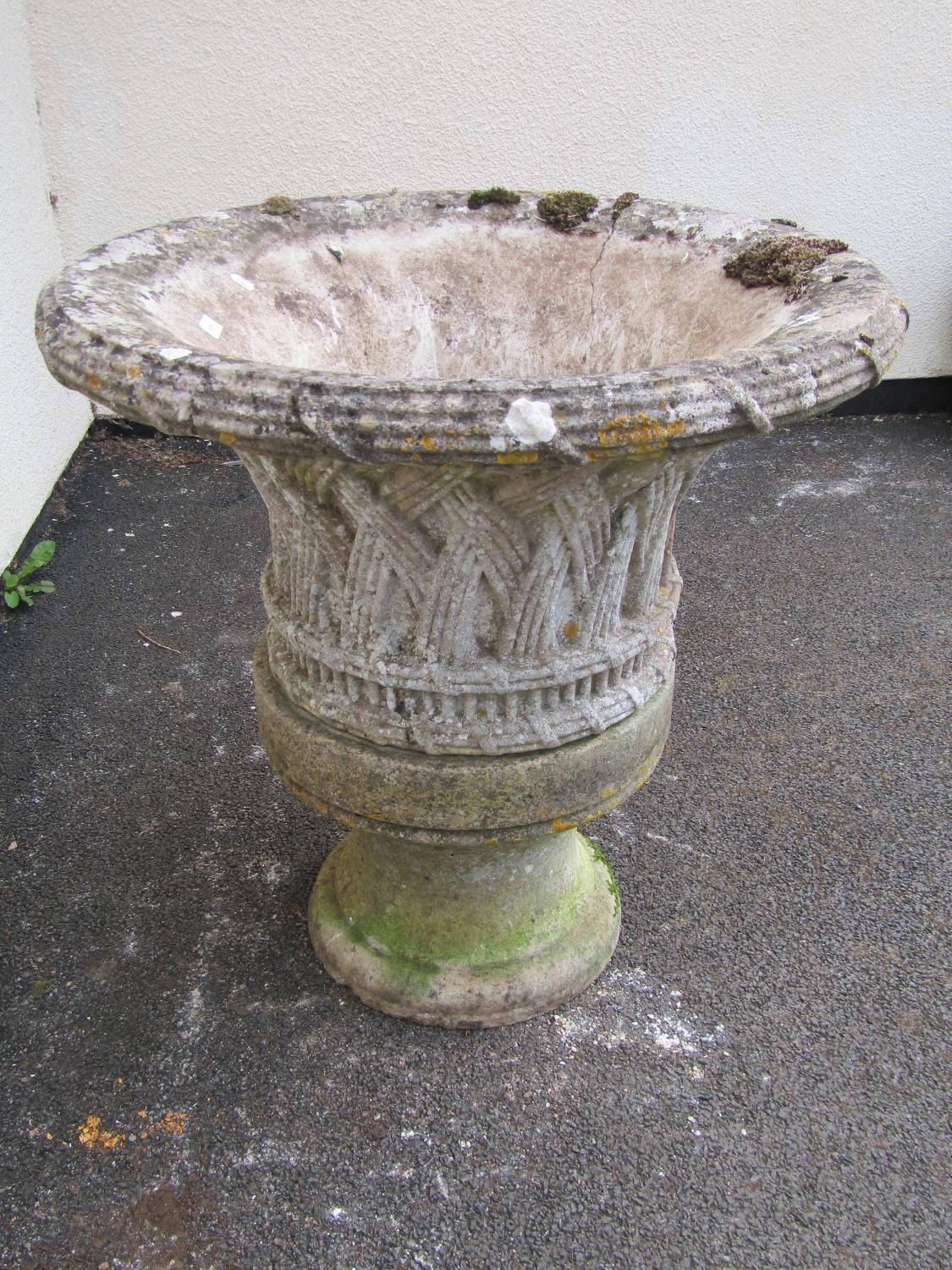A large and impressive 19th century weathered carved natural stone planter / urn of flared form with - Image 3 of 8