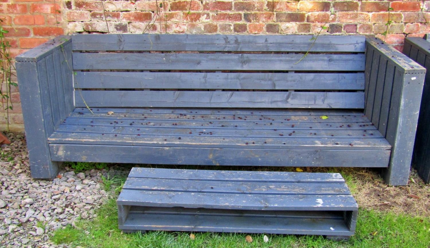 A painted and weathered three seat garden bench and matching low stool/table, bespoke made from - Image 2 of 3