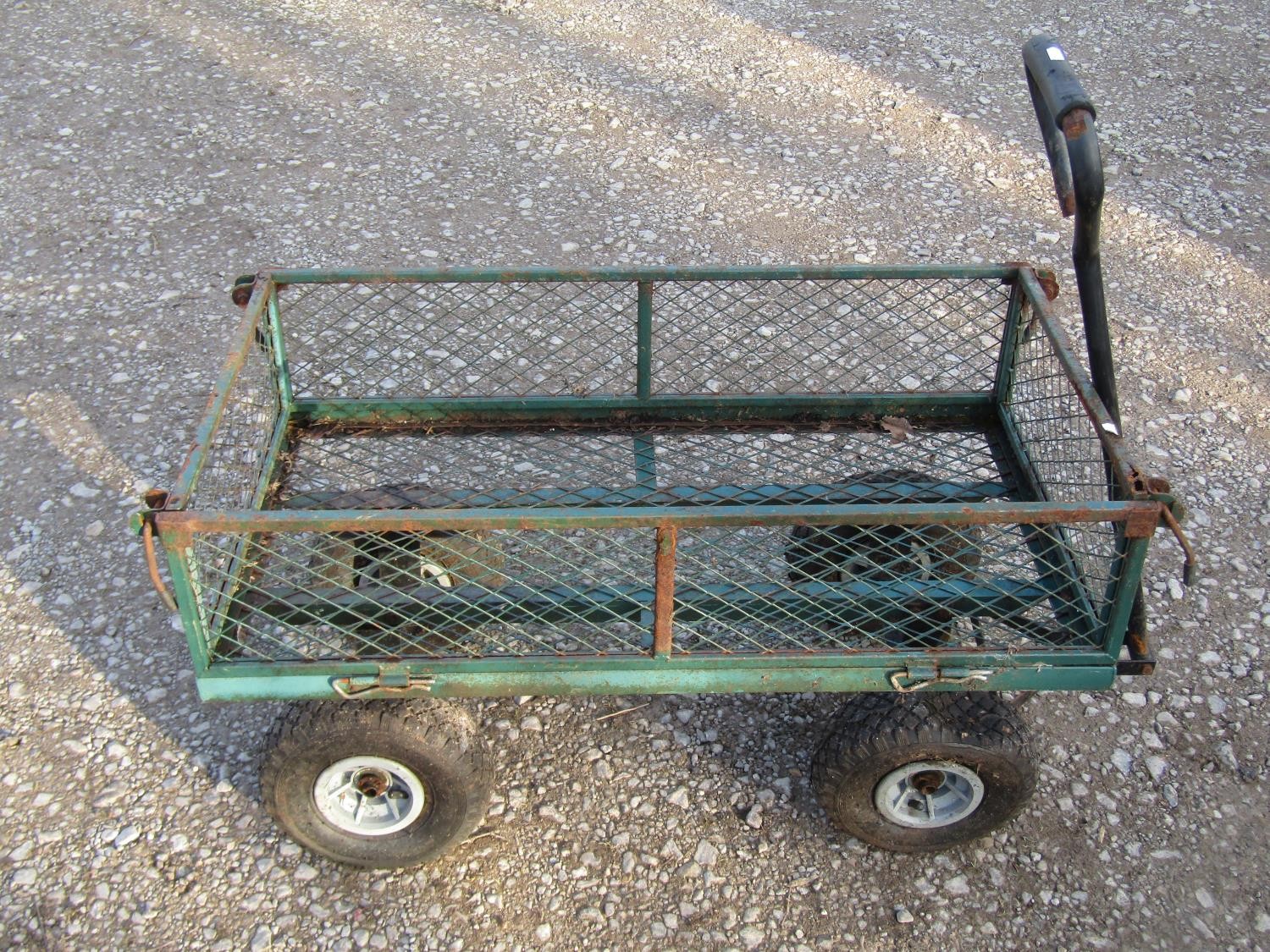 A useful four wheeled hand cart with rectangular green painted steel and lattice panelled body - Image 2 of 5
