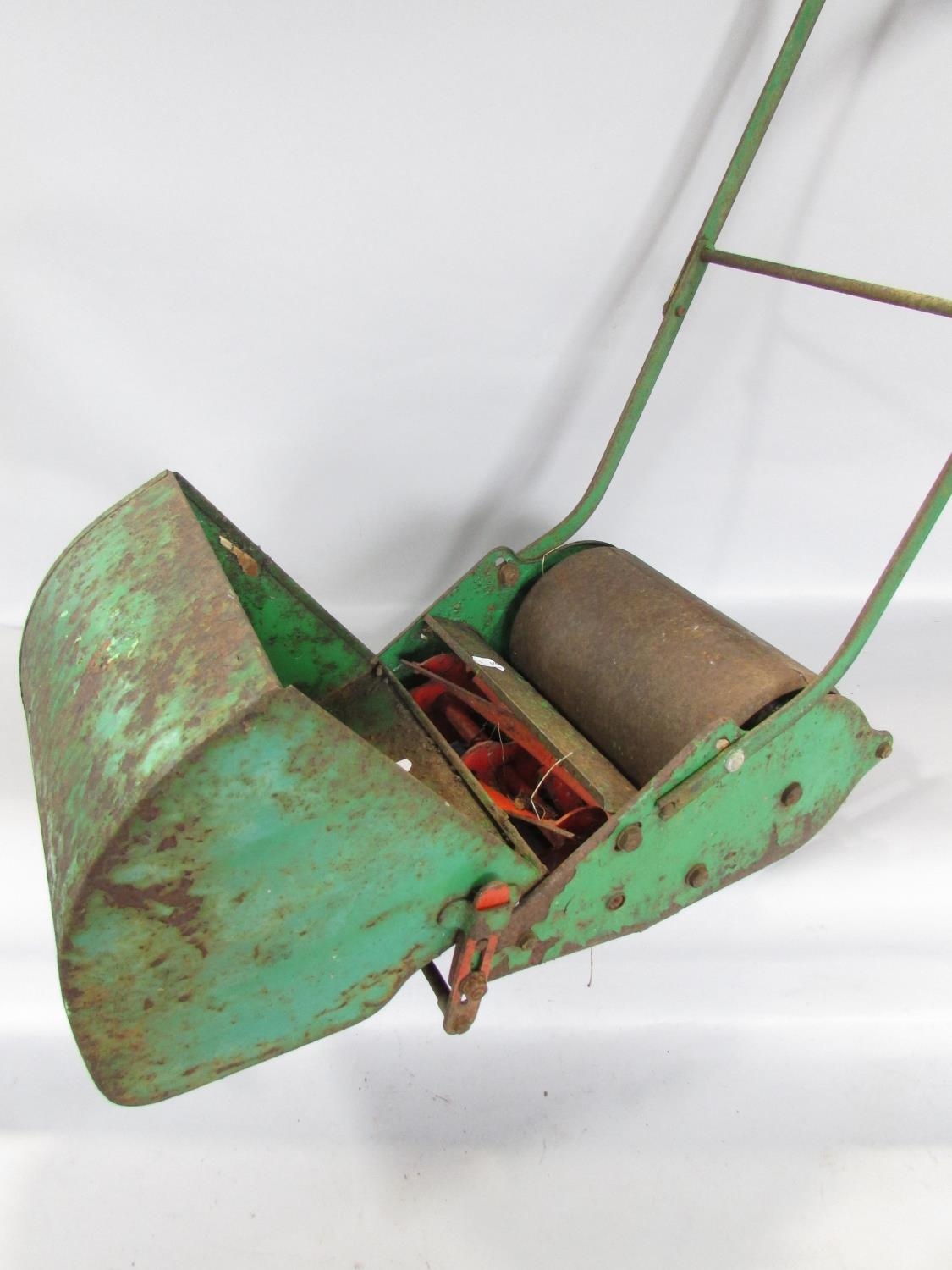 A child's lawn mower, a 19th century wooden wool winder, a brightly painted barge style stool - Image 3 of 7