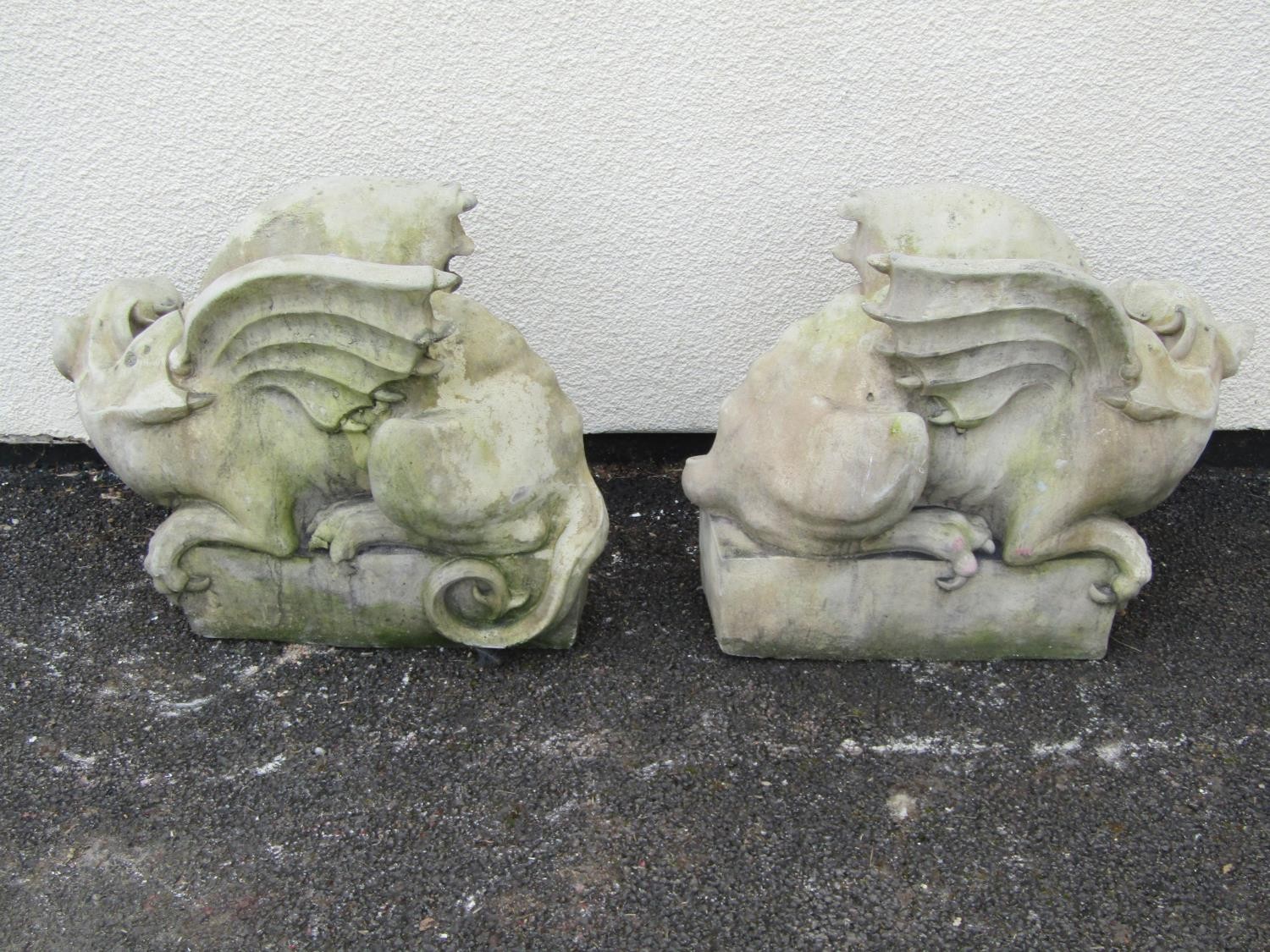 A pair of good quality cast composition stone pier ornaments in the form of Griffins set on - Image 2 of 5