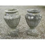 A pair of fluted weathered cast composition stone oviform urns / planters, 43cm high