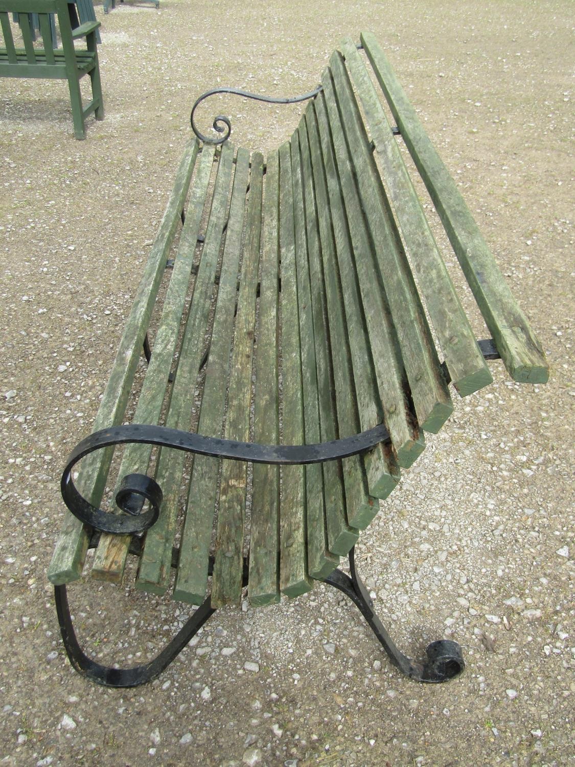 A vintage heavy gauge park/estate garden bench with weathered green painted teak slatted seat raised - Image 2 of 7