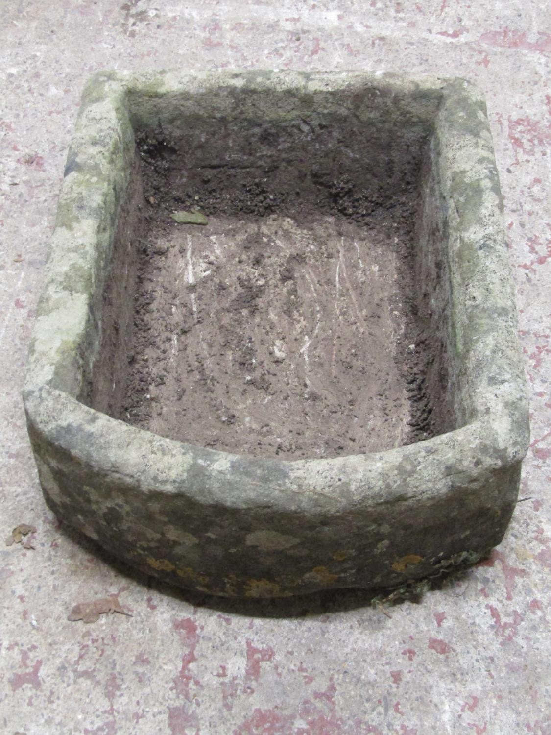 A weathered rectangular natural stone trough with D shaped end, 18cm high x 62cm x 47cm - Image 3 of 5