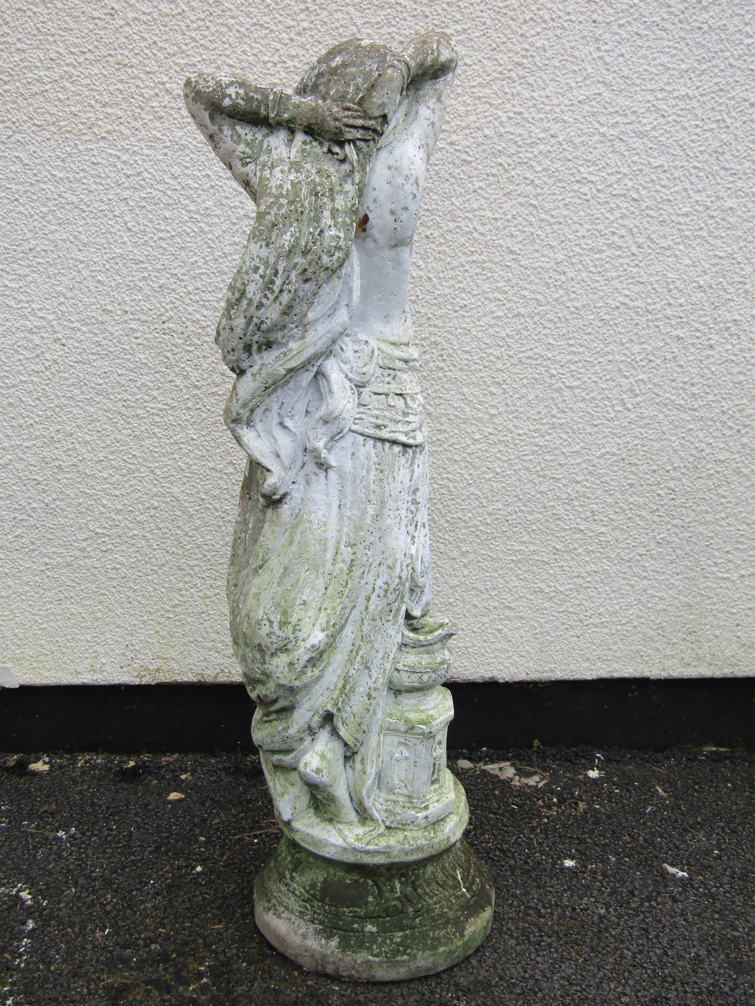 A painted and weathered cast composition stone garden statue in the form of a maiden with long - Image 2 of 4