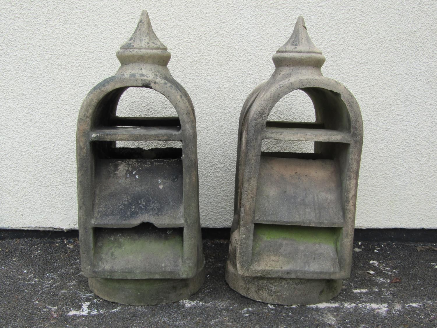 A pair of unusual weathered buff coloured louvre vented chimney pots/cowls of slender arched form - Image 2 of 3