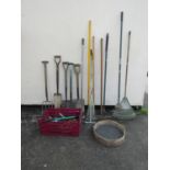 A quantity of vintage and later long and short handled gardening related tools, a circular sieve and