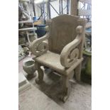 A wooden throne type chair with simulated stone finish, arched panelled back, scrolled arms and