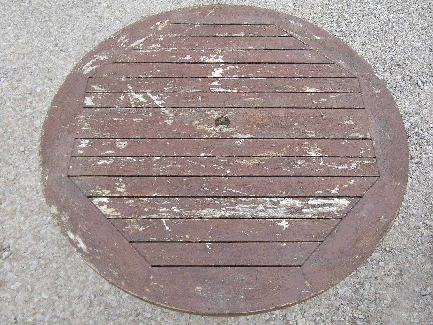 A weathered stained teak circular folding three piece garden terrace set comprising circular slatted - Image 5 of 5