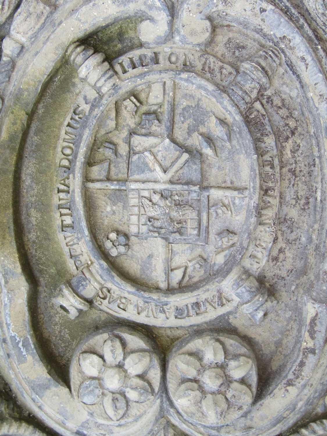 A heavy lead armorial panel, with central heraldic shield and devices, 50 x 33cm. - Image 2 of 3