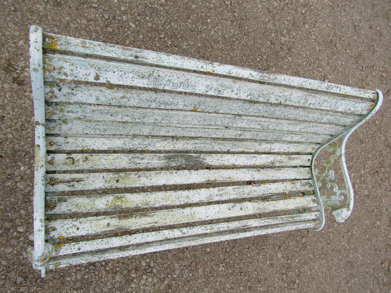 A weathered light blue/cream painted garden bench with slatted seat raised on decorative pierced and - Image 5 of 6