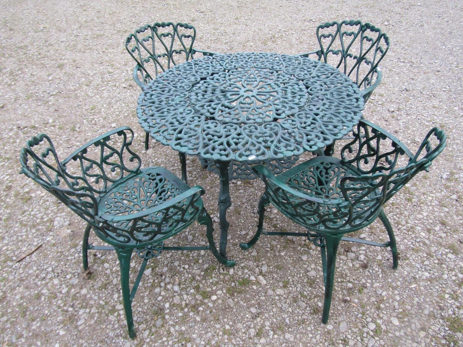 A green painted cast alloy circular two tier garden terrace table, with decorative repeating 'c' - Image 2 of 7