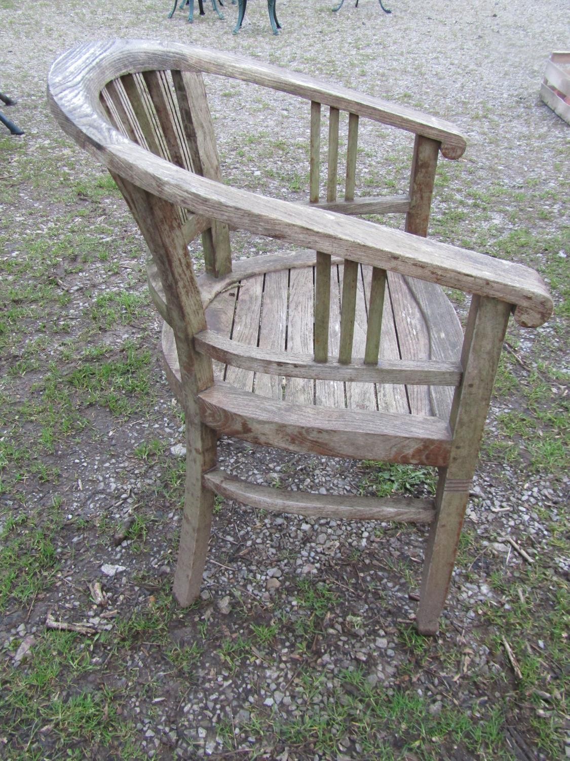 A good quality large weathered (silvered teak) circular garden table with slatted panelled top and - Image 3 of 6